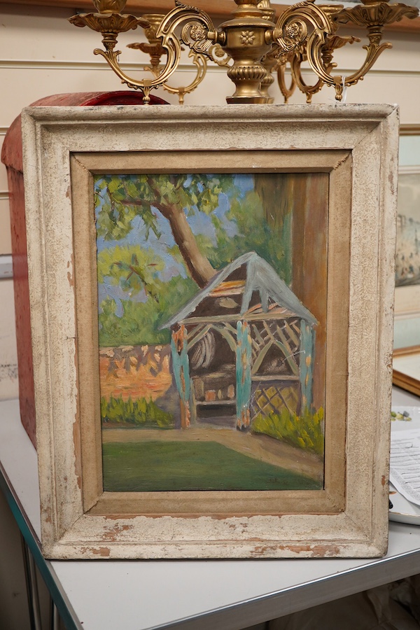 Diana Mabel Low (1911-1975), 'Old Summerhouse in Paddington', unsigned, New English Art Club label verso, oil on board, 35 x 25cm